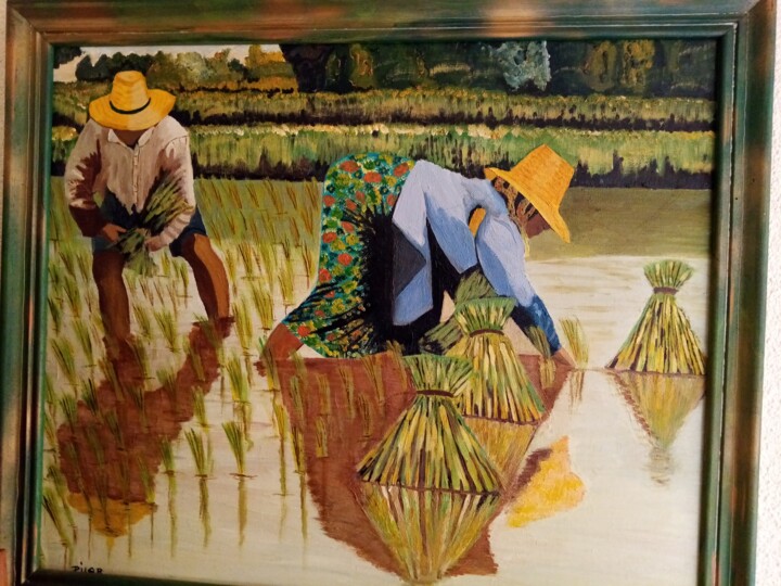 Painting titled "planteurs de riz" by Pilar Canovas, Original Artwork, Oil Mounted on Wood Stretcher frame