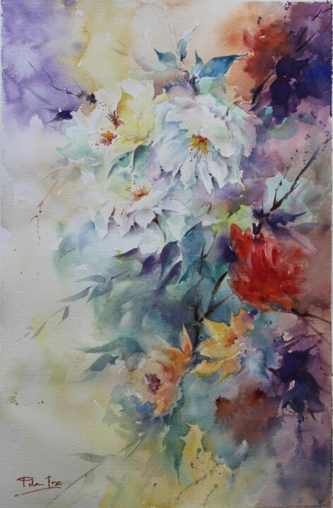 Painting titled "Fantasia floral" by Pili Jose, Original Artwork, Watercolor