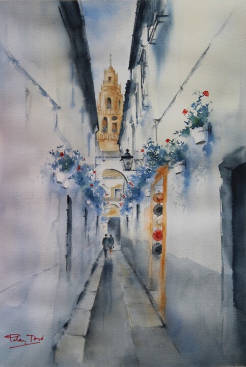 Painting titled "calle las flores, C…" by Pili Jose, Original Artwork, Watercolor