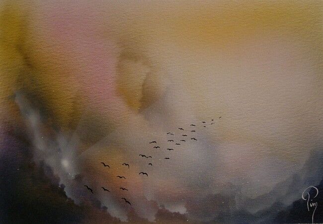 Painting titled "nuage d'oiseaux 01" by Pim, Original Artwork