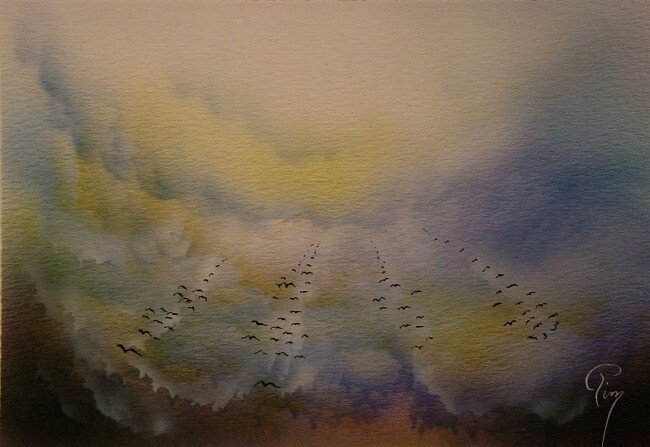 Painting titled "nuage d'oiseaux 04" by Pim, Original Artwork