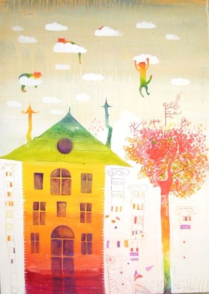Peinture intitulée "коты в облаках" par Nataliia Zolotareva, Œuvre d'art originale, Huile