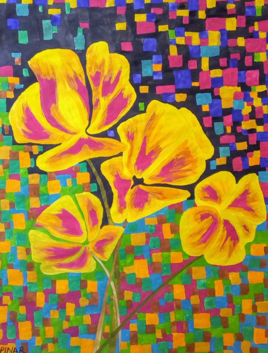 Peinture intitulée "Yellow Flowers" par Pinar, Œuvre d'art originale