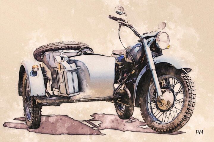 Digital Arts titled "BMW 500 side car" by Pinceau Numérique, Original Artwork, Digital Painting Mounted on Other rigid panel