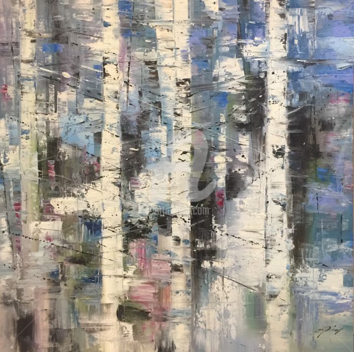Painting titled "White Birch 2" by Ping Cao, Original Artwork, Oil