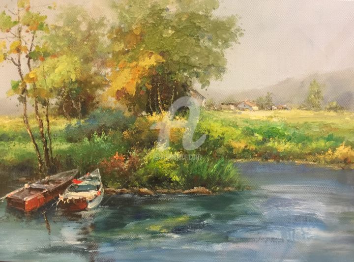Painting titled "Landscape" by Ping Cao, Original Artwork, Oil