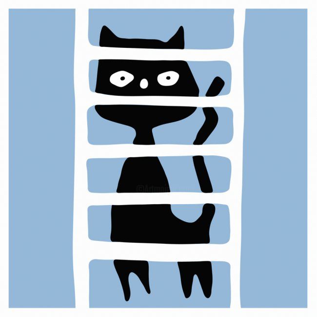 Incisioni, stampe intitolato "Blue Ladder Cat" da Pink Chaise, Opera d'arte originale