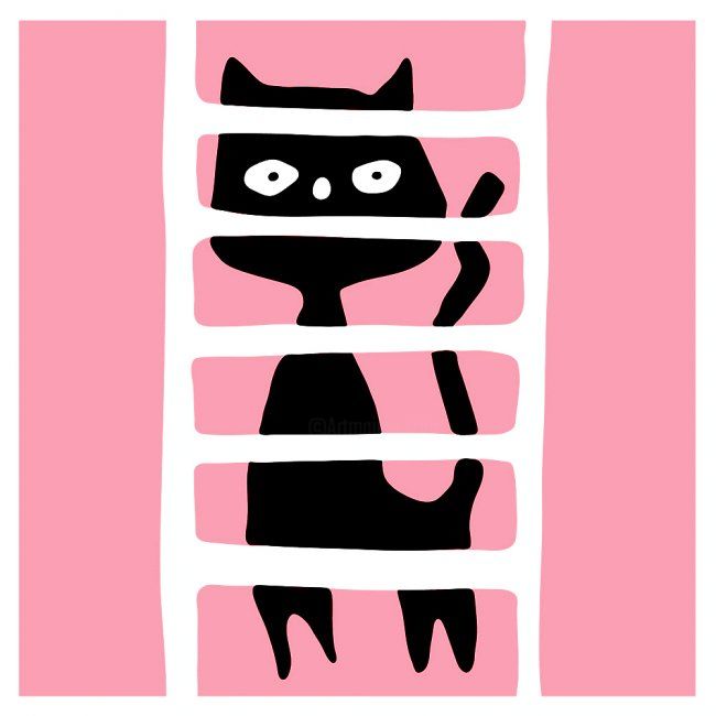 Gravures & estampes intitulée "Pink Ladder Cat" par Pink Chaise, Œuvre d'art originale