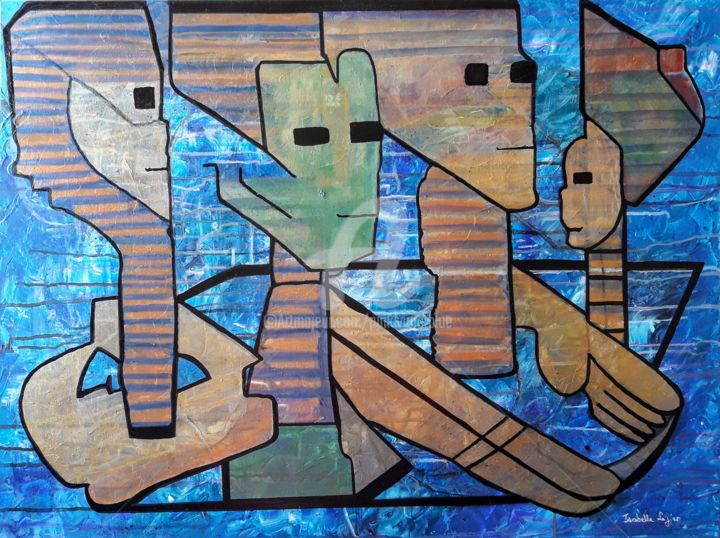 Painting titled "Les 4 statuettes" by Pinkivioletblue, Original Artwork, Acrylic Mounted on Wood Stretcher frame