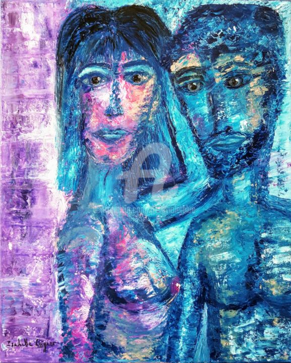 Malerei mit dem Titel "Le couple bleu" von Pinkivioletblue, Original-Kunstwerk, Öl Auf Keilrahmen aus Holz montiert