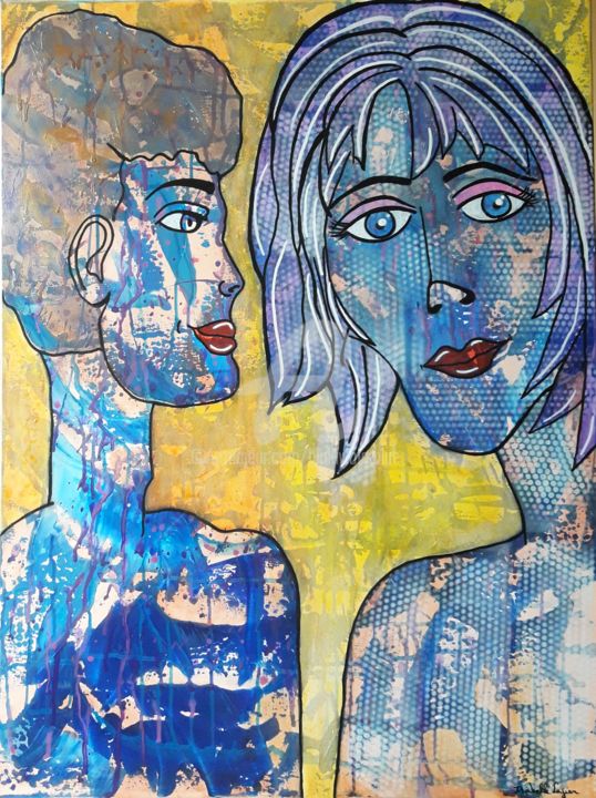 Painting titled "Le jeune couple" by Pinkivioletblue, Original Artwork, Acrylic Mounted on Wood Stretcher frame