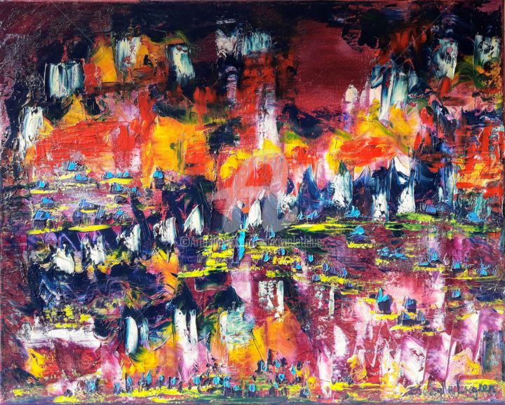 Peinture intitulée "Paysage imaginaire…" par Pinkivioletblue, Œuvre d'art originale, Huile Monté sur Châssis en bois