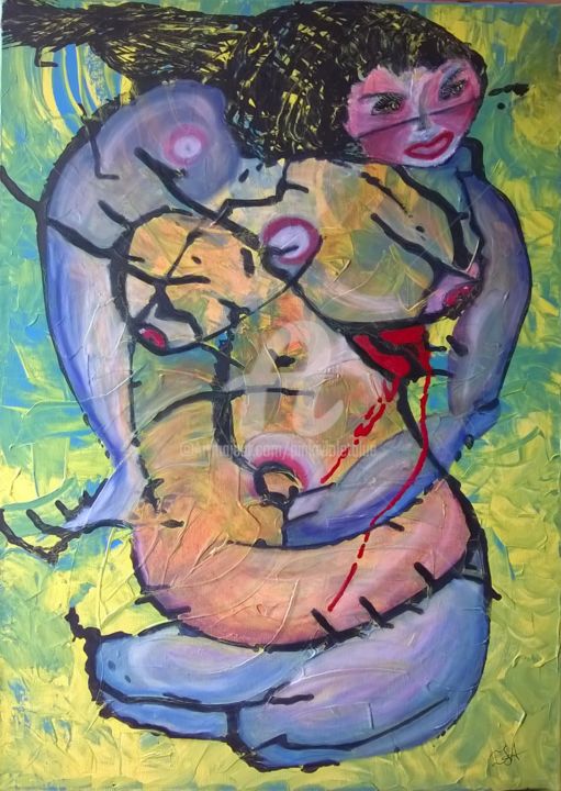 Painting titled "La femme à genoux" by Pinkivioletblue, Original Artwork, Acrylic Mounted on Wood Stretcher frame