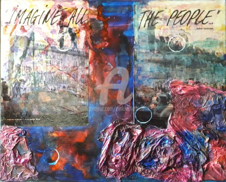 Collages titled "Imagine all the peo…" by Pinkivioletblue, Original Artwork, Collages Mounted on Wood Stretcher frame