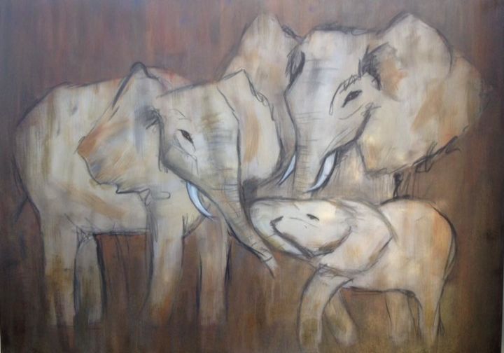 「Elephant family」というタイトルの絵画 Pink Polishによって, オリジナルのアートワーク, アクリル