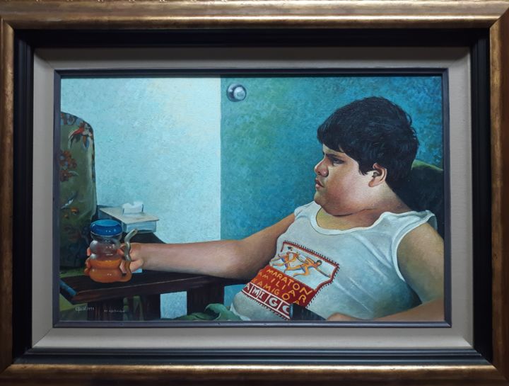 Painting titled "Hijo del artista" by Rene Rivera Roman, Original Artwork, Oil Mounted on Wood Stretcher frame