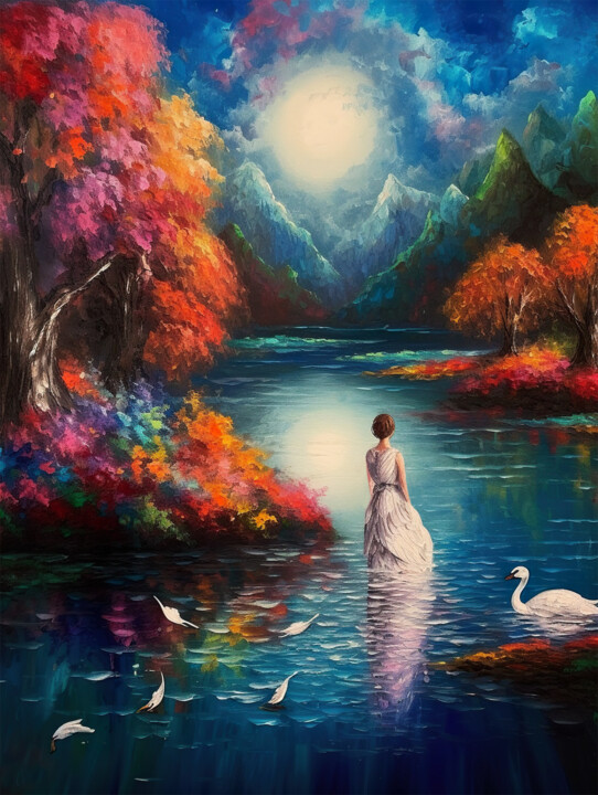Digital Arts titled "Swan Lady" by Piotr Alaborski, Original Artwork, Digital Painting