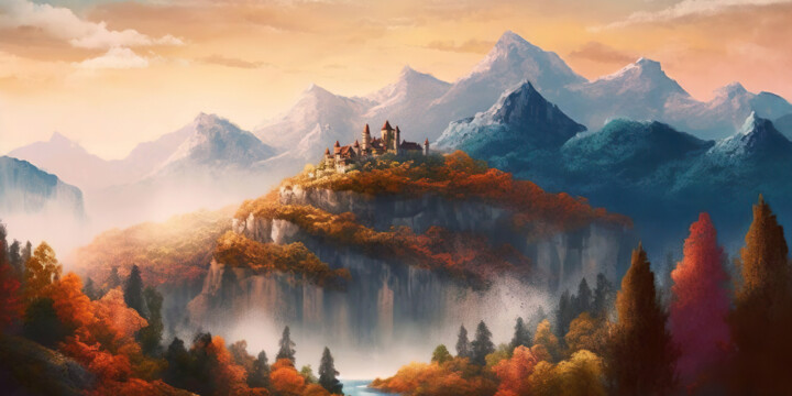 Digital Arts titled "Castle in the mount…" by Piotr Alaborski, Original Artwork, Digital Painting