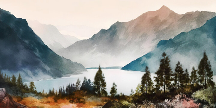 Digital Arts titled "Lake in the mountai…" by Piotr Alaborski, Original Artwork, Digital Painting