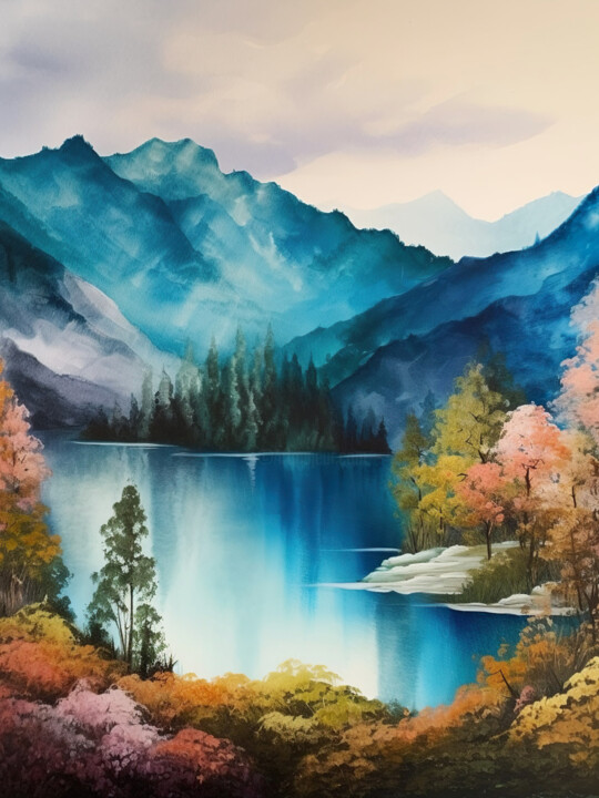 Digital Arts titled "Mountains lake #16" by Piotr Alaborski, Original Artwork, Digital Painting