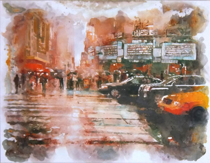 Painting titled "NYC Sunset" by Piotr Piecko, Original Artwork, Acrylic