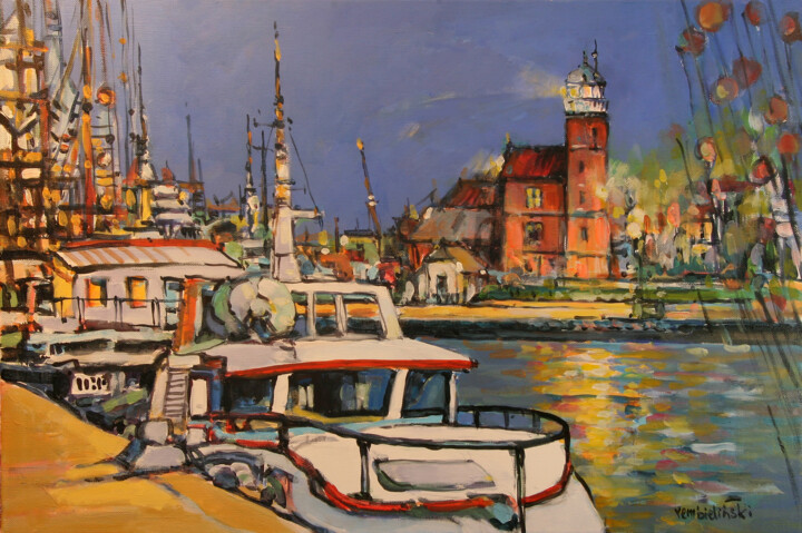 Painting titled "Fishing port by the…" by Piotr Rembielinski, Original Artwork, Acrylic