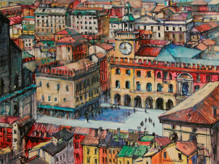 Painting titled "Bologna Piazza Magg…" by Piotr Rembielinski, Original Artwork, Acrylic