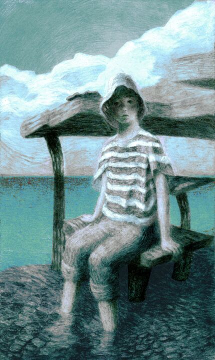 Tekening getiteld "Boy at Sea" door Piotr Szerszynski, Origineel Kunstwerk, 2D Digital Work