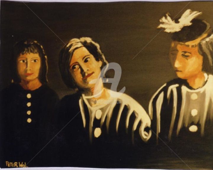 Painting titled "three school kids" by Piotr, Original Artwork