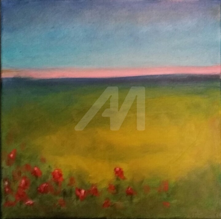 Pintura intitulada "sunset-with-red-flo…" por Piotr, Obras de arte originais, Óleo