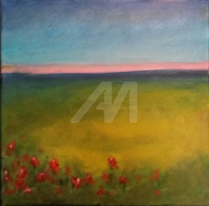 Painting titled "sunset-with-red-flo…" by Piotr, Original Artwork, Oil