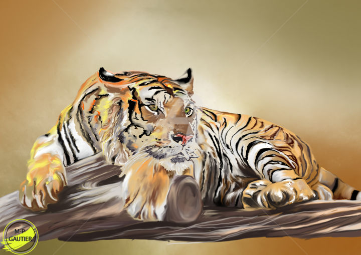 Arts numériques intitulée "Tigre sur bois" par Marie-Pierre Gautier, Œuvre d'art originale, Peinture numérique