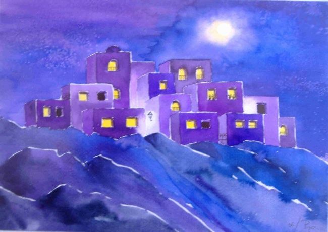 Картина под названием "pueblo de noche mor…" - Pipo Jost Nicolas, Подлинное произведение искусства, Акварель