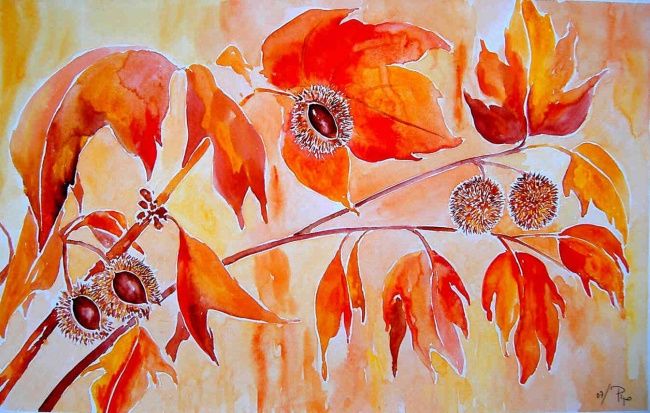 Pintura intitulada "castañas en otoño" por Pipo Jost Nicolas, Obras de arte originais, Aquarela