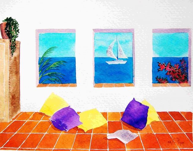 Картина под названием "patio con cojines" - Pipo Jost Nicolas, Подлинное произведение искусства, Акварель