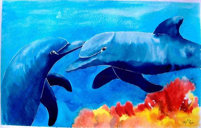 Картина под названием "delfines" - Pipo Jost Nicolas, Подлинное произведение искусства, Акварель