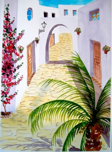 Painting titled "callecita con palme…" by Pipo Jost Nicolas, Original Artwork, Watercolor