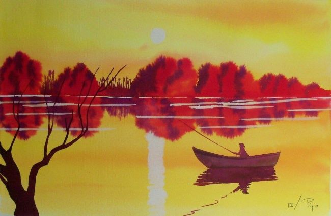 Картина под названием "lago al atardecer" - Pipo Jost Nicolas, Подлинное произведение искусства, Акварель