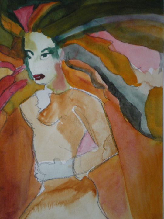 Dessin intitulée "Rousse Incendiaire" par Piquereau Gilles, Œuvre d'art originale, Aquarelle