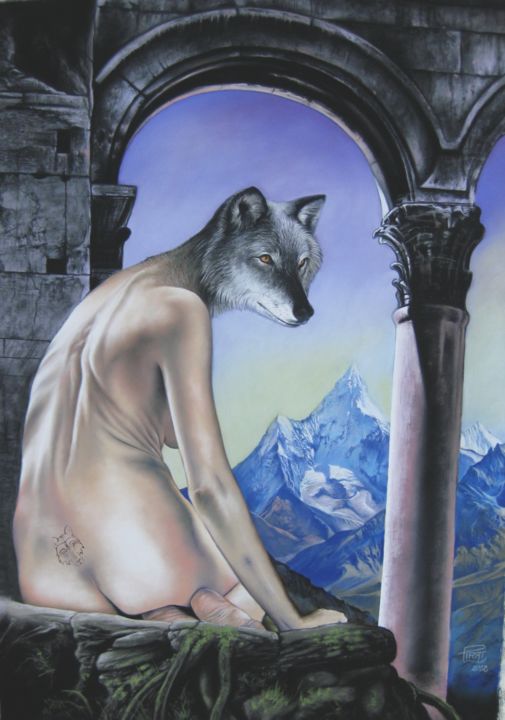 Painting titled "wolfwoman" by Sébastien Pirat, Original Artwork, Oil