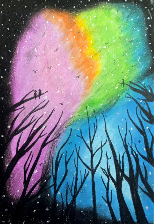 Dessin intitulée "Night sky in the fo…" par Vladimir Martianov, Œuvre d'art originale, Pastel