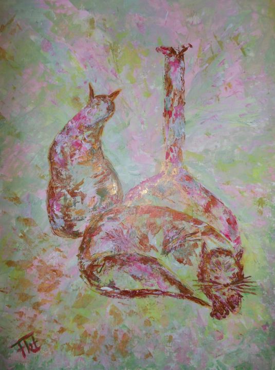 Painting titled "Pause de Chats" by Piroska Fekete Fkt, Original Artwork, Acrylic Mounted on Wood Panel