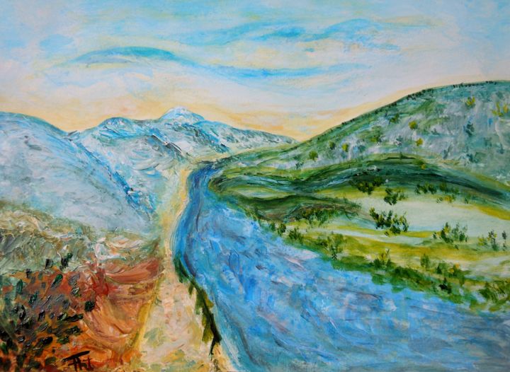 Peinture intitulée "Chemin de Montagnes" par Piroska Fekete Fkt, Œuvre d'art originale, Acrylique Monté sur Panneau de bois