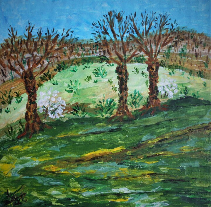 Schilderij getiteld "Printemps au Verger" door Piroska Fekete Fkt, Origineel Kunstwerk, Acryl