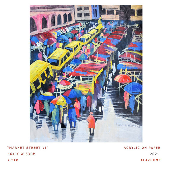 Painting titled "street Market VI" by Pitar Alakhume Signature Art Gallery, Original Artwork, Acrylic
