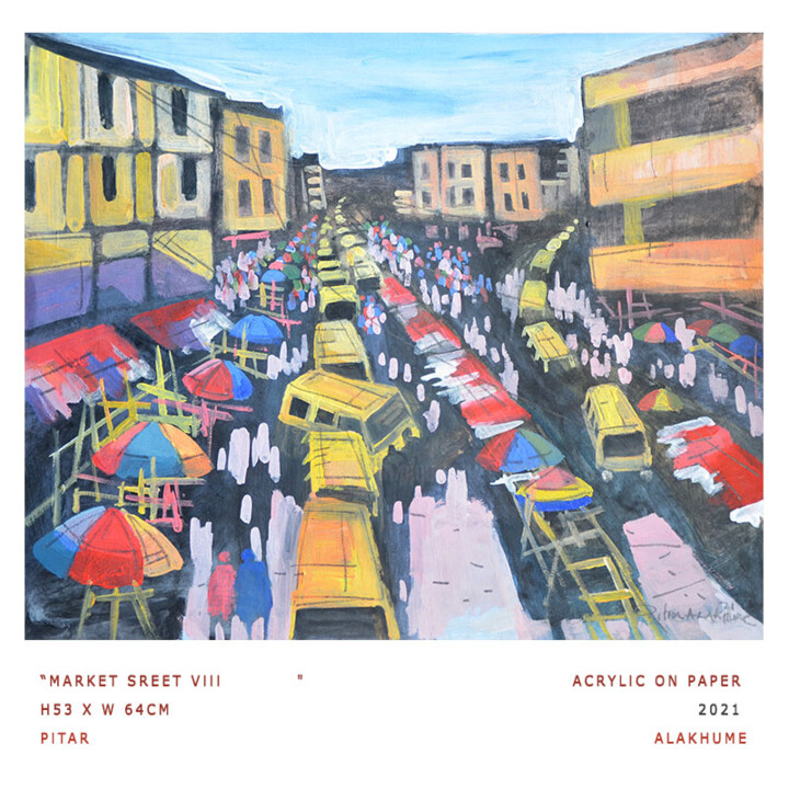 Painting titled "Market Street VIII" by Pitar Alakhume Signature Art Gallery, Original Artwork, Acrylic
