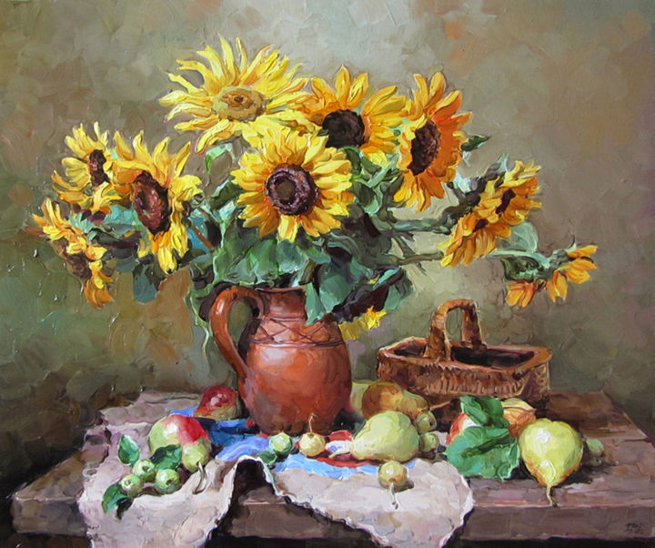 Painting titled "Sunflowers" by Piter Lisenko, Original Artwork, Oil