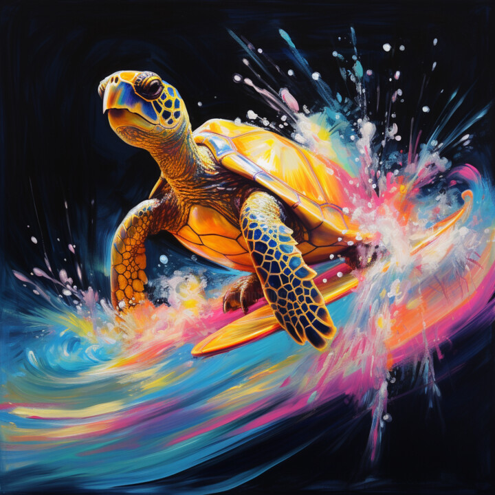 Цифровое искусство под названием "Surf Turtle" - Pixinxt, Подлинное произведение искусства, Изображение, сгенерированное ИИ