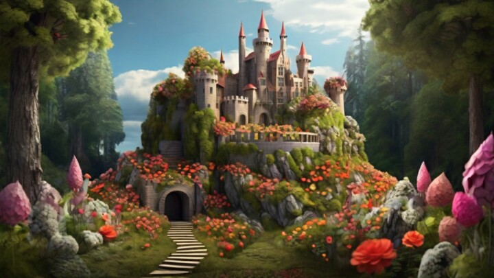 "Flower castle" başlıklı Dijital Sanat Pixqix tarafından, Orijinal sanat, AI tarafından oluşturulan görüntü