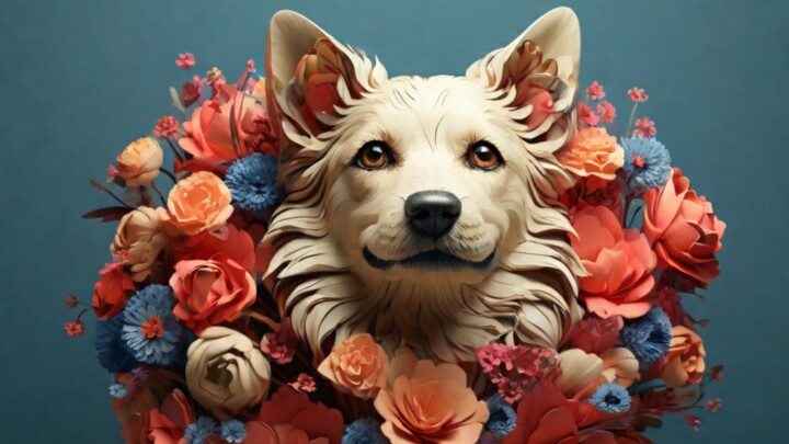 Arte digitale intitolato "Flower dog" da Pixqix, Opera d'arte originale, Immagine generata dall'IA